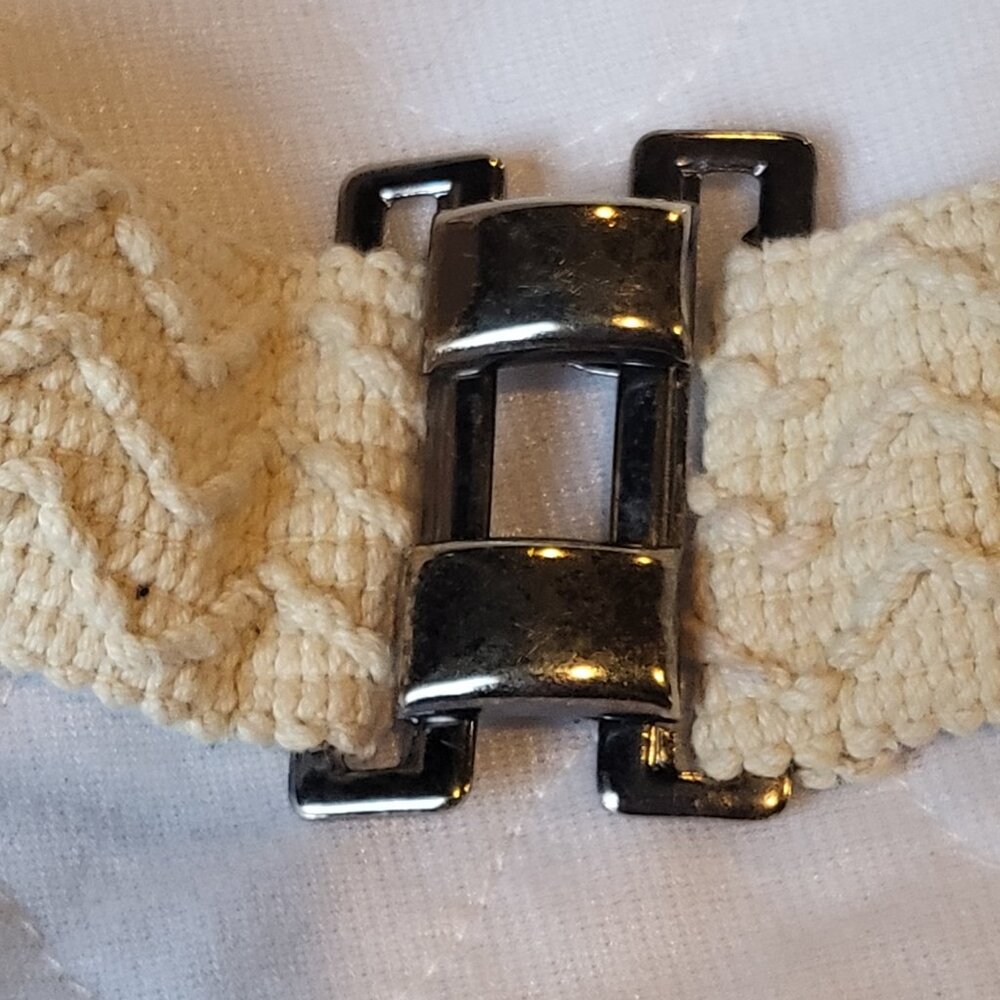 Woven Stretchy Belt Cream Silver Toned Buckle Clasp Boho Hippie Natural - Picture 4 of 15